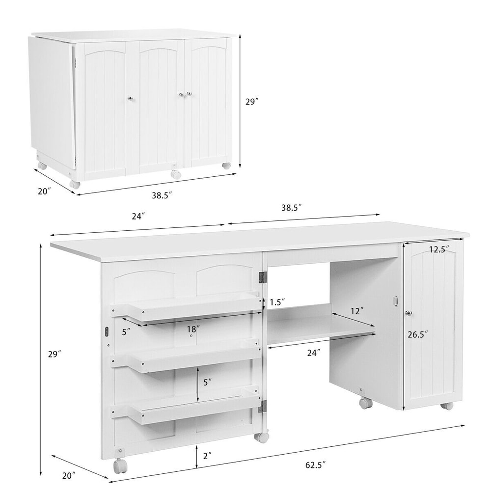 Folding Large Sewing Table with Storage Shelves & Lockable Casters, Space Saving Craft Desk for Sewing Machine, Fabric