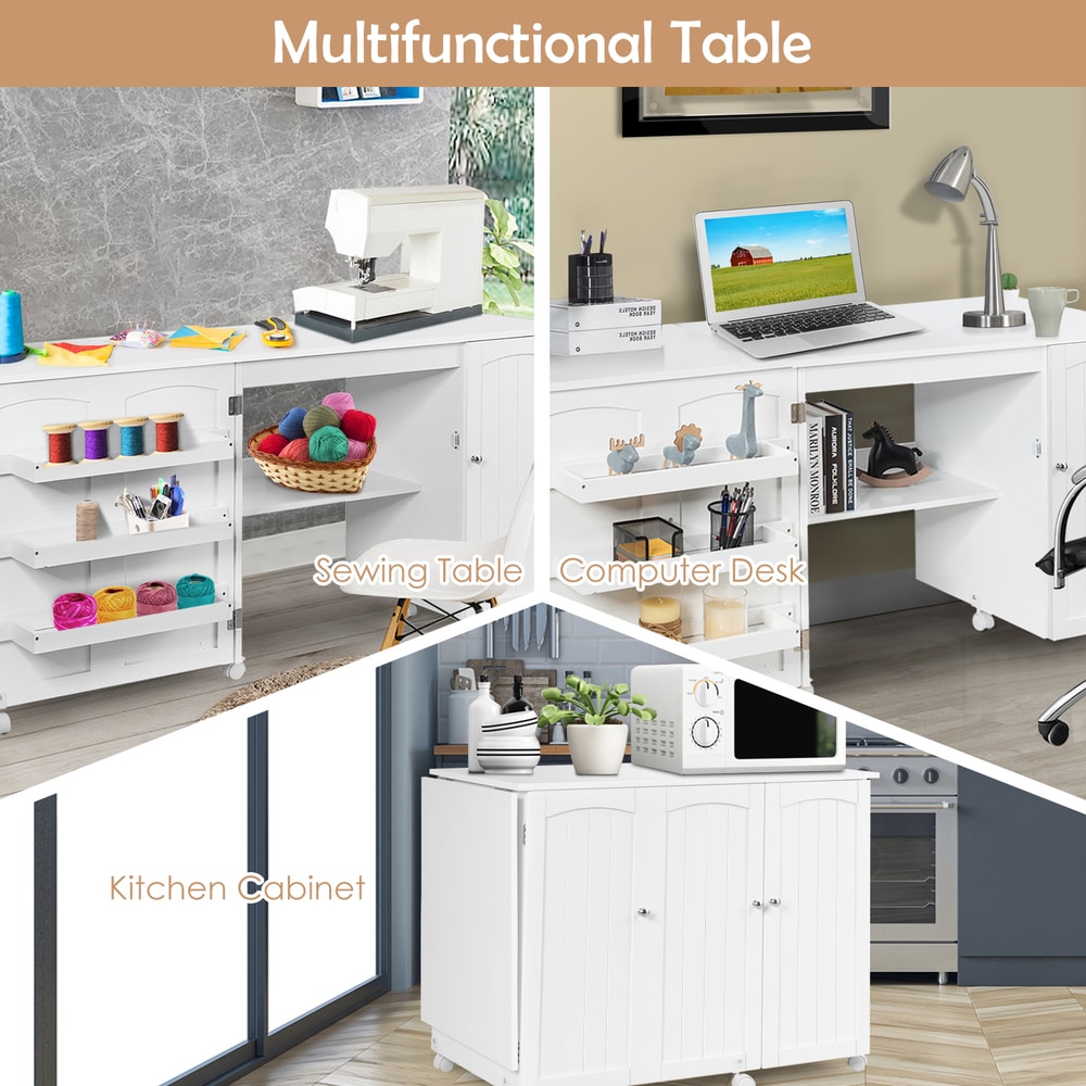 Folding Large Sewing Table with Storage Shelves & Lockable Casters, Space Saving Craft Desk for Sewing Machine, Fabric