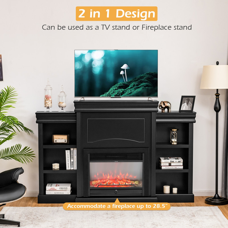 Modern 70 Inch Fireplace TV Stand with Bookcase Shelves, Large Entertainment Center for Flat Screens, Storage Media
