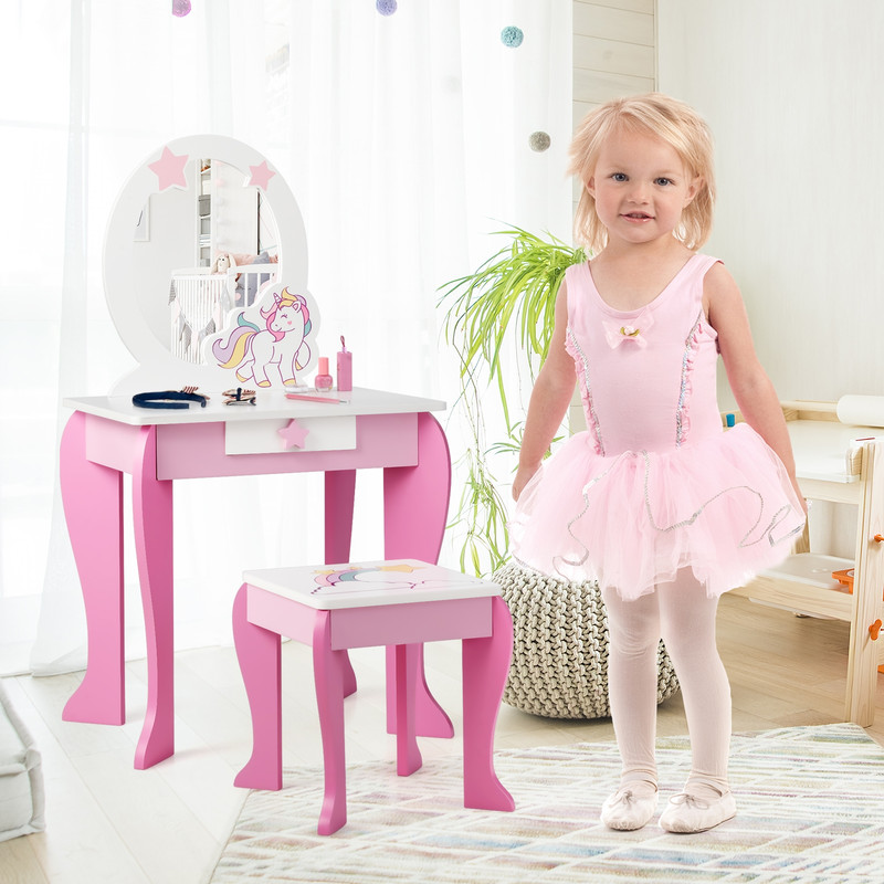 Kids Vanity Set Makeup Dressing Table and Chair with Mirror & Drawer, Pink Princess Beauty Play Set for Girls