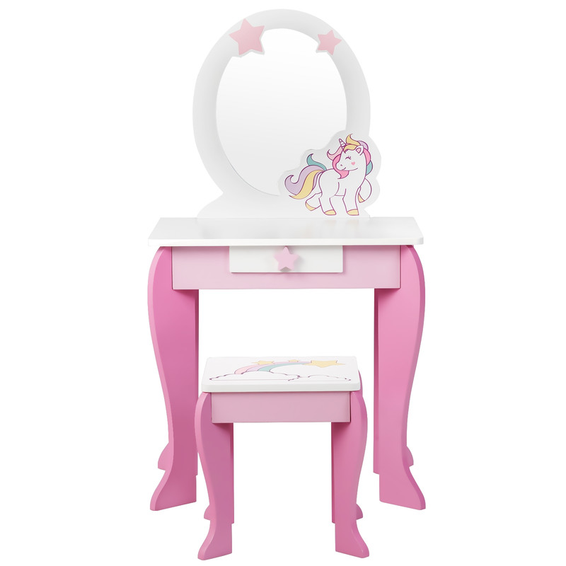 Kids Vanity Set Makeup Dressing Table and Chair with Mirror & Drawer, Pink Princess Beauty Play Set for Girls
