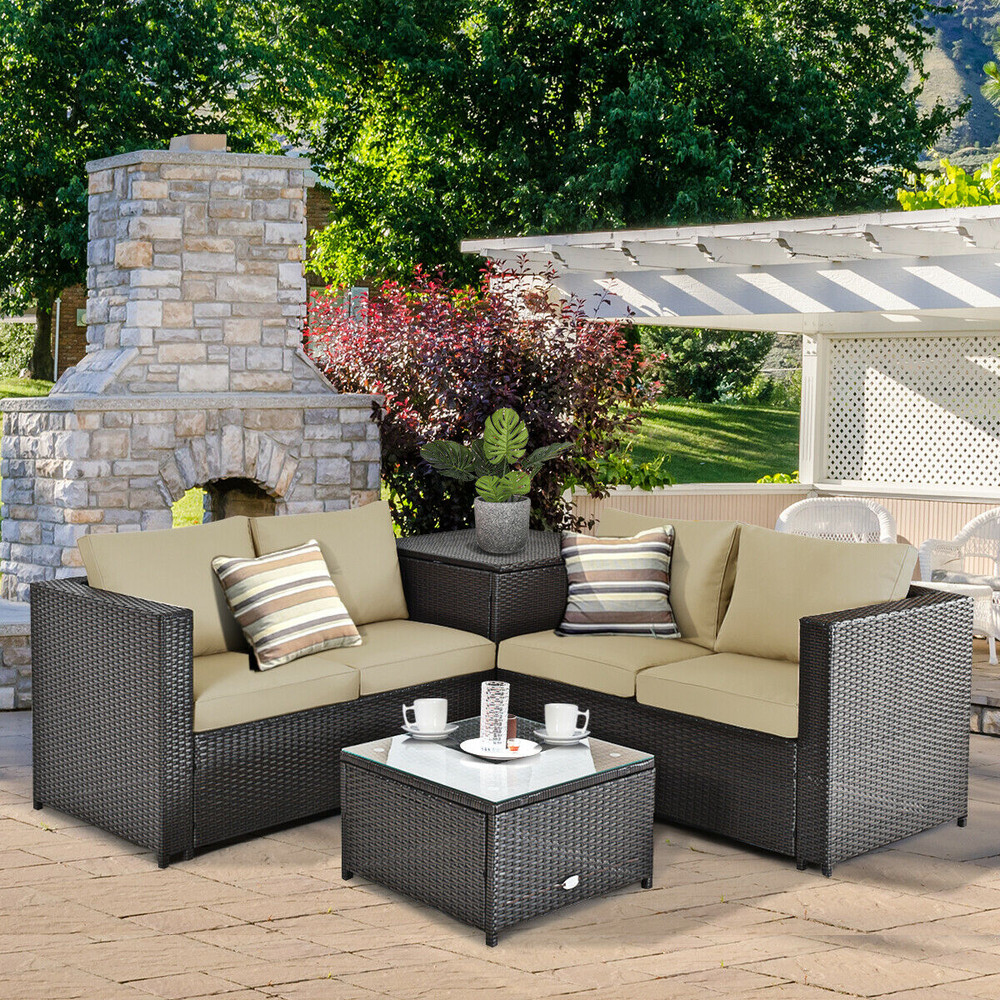 4 Pieces Outdoor Patio Rattan Furniture Set with Loveseat, Coffee Table & Storage Box, All-Weather Wicker Seating