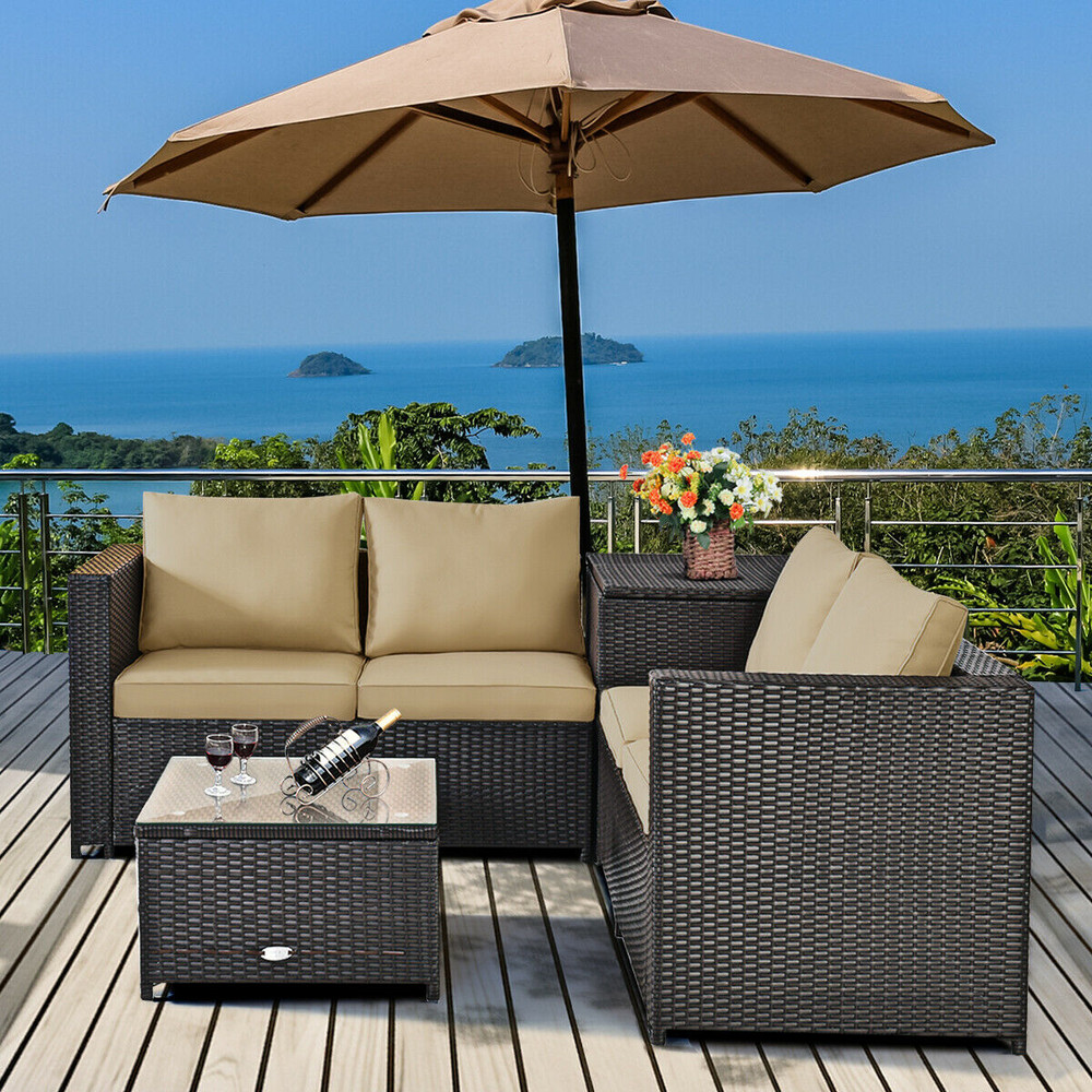 4 Pieces Outdoor Patio Rattan Furniture Set with Loveseat, Coffee Table & Storage Box, All-Weather Wicker Seating