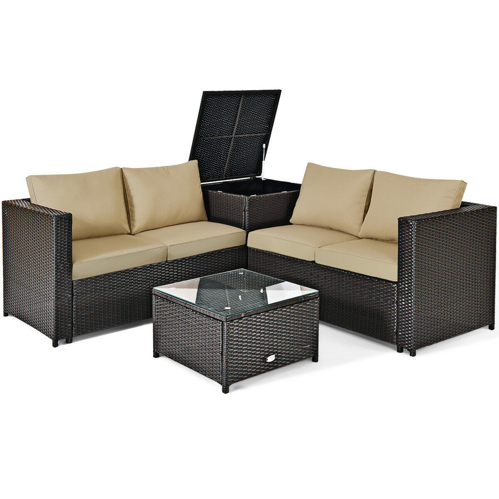 4 Pieces Outdoor Patio Rattan Furniture Set with Loveseat, Coffee Table & Storage Box, All-Weather Wicker Seating