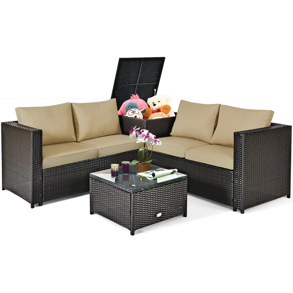 4 Pieces Outdoor Patio Rattan Furniture Set with Loveseat, Coffee Table & Storage Box, All-Weather Wicker Seating