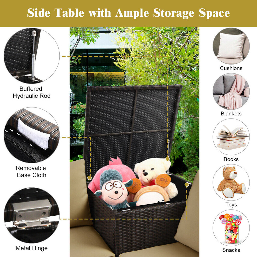 4 Pieces Outdoor Patio Rattan Furniture Set with Loveseat, Coffee Table & Storage Box, All-Weather Wicker Seating