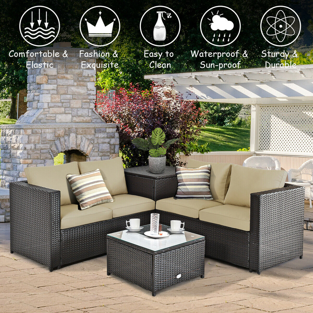 4 Pieces Outdoor Patio Rattan Furniture Set with Loveseat, Coffee Table & Storage Box, All-Weather Wicker Seating