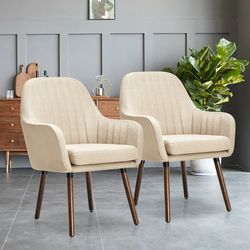 set of 2 fabric upholstered accent chairs with wooden legs, modern linen armchairs for living room, bedroom, dining room