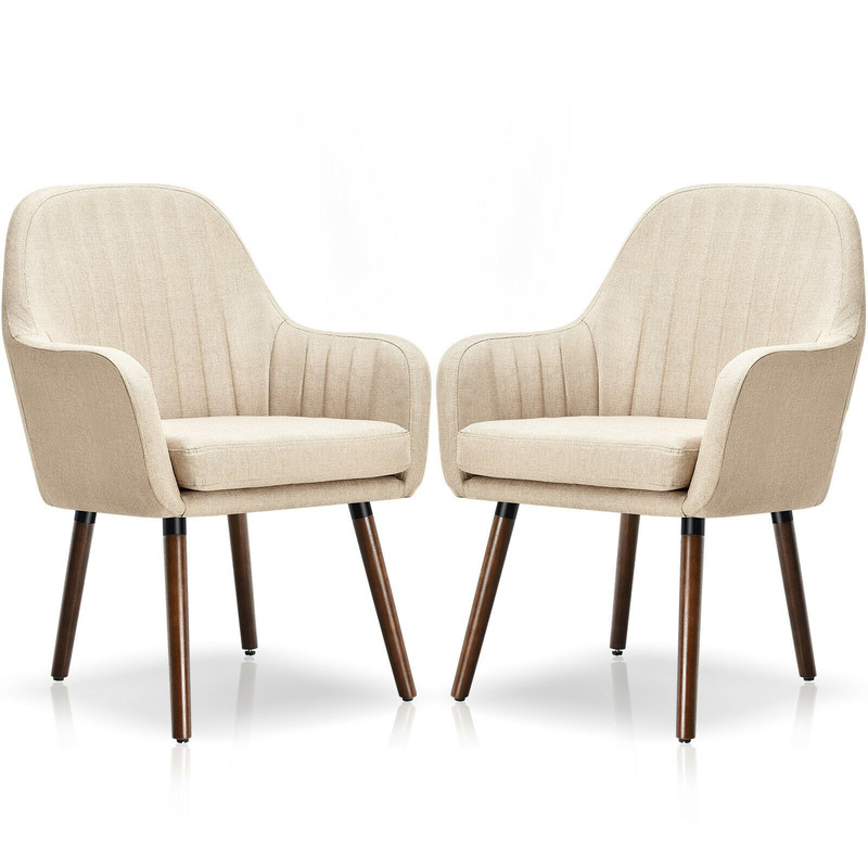 Set of 2 Fabric Upholstered Accent Chairs with Wooden Legs, Modern Linen Armchairs for Living Room, Bedroom, Dining Room