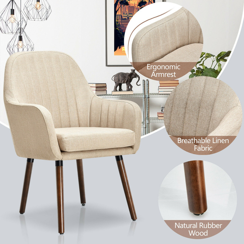 Set of 2 Fabric Upholstered Accent Chairs with Wooden Legs, Modern Linen Armchairs for Living Room, Bedroom, Dining Room