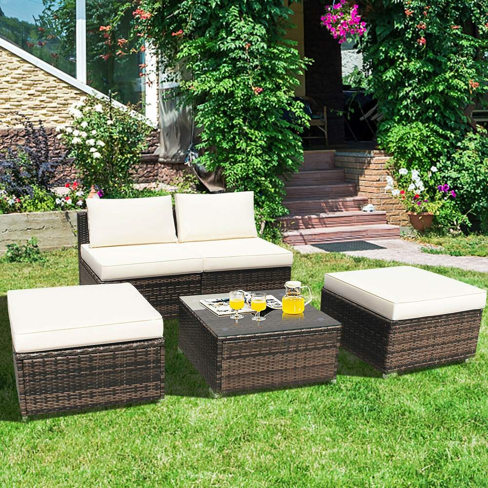 5 Pieces Wicker Lounge Chair Set with Washable Zippered Cushions, Outdoor Rattan Patio Furniture Sofa & Ottoman Set