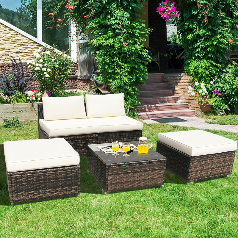 5 Pieces Wicker Lounge Chair Set with Washable Zippered Cushions, Outdoor Rattan Patio Furniture Sofa & Ottoman Set