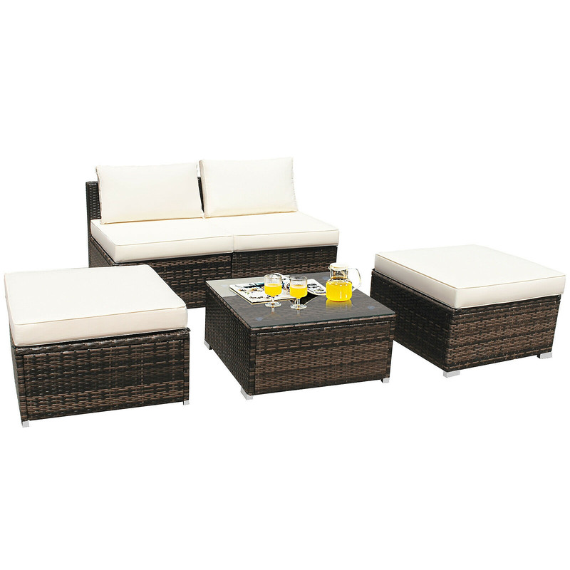 5 Pieces Wicker Lounge Chair Set with Washable Zippered Cushions, Outdoor Rattan Patio Furniture Sofa & Ottoman Set