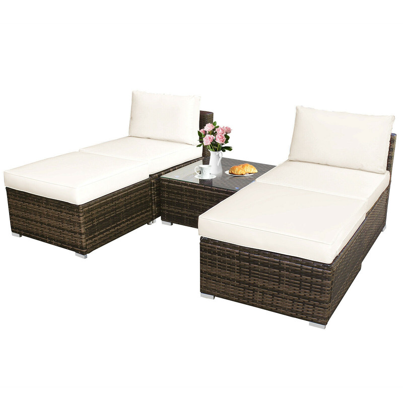5 Pieces Wicker Lounge Chair Set with Washable Zippered Cushions, Outdoor Rattan Patio Furniture Sofa & Ottoman Set