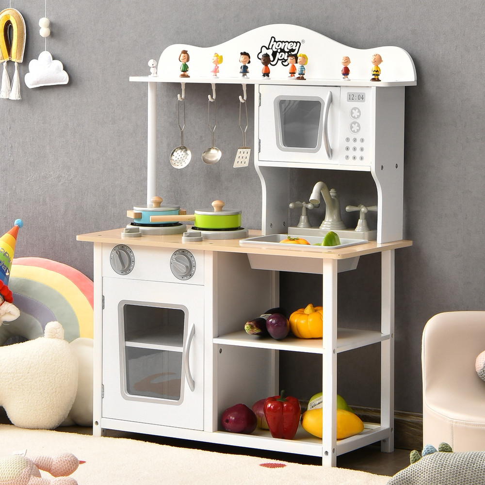 Wooden Pretend Play Kitchen Set for Kids with Accessories and Sink, Realistic Toy Stove, Storage Cabinet & Role Play