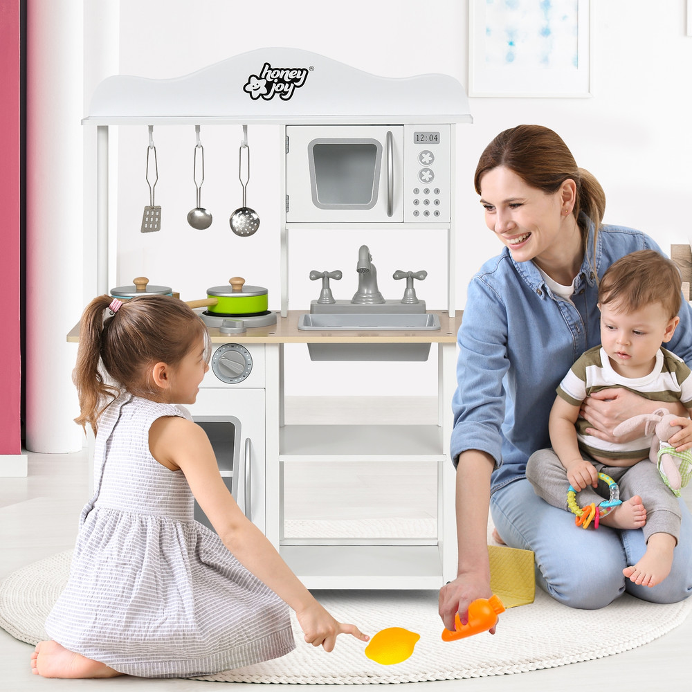 Wooden Pretend Play Kitchen Set for Kids with Accessories and Sink, Realistic Toy Stove, Storage Cabinet & Role Play