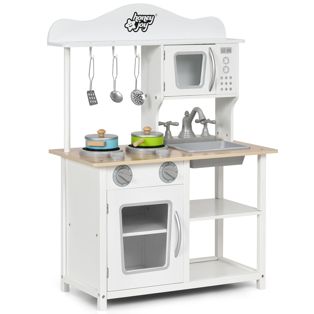 Wooden Pretend Play Kitchen Set for Kids with Accessories and Sink, Realistic Toy Stove, Storage Cabinet & Role Play