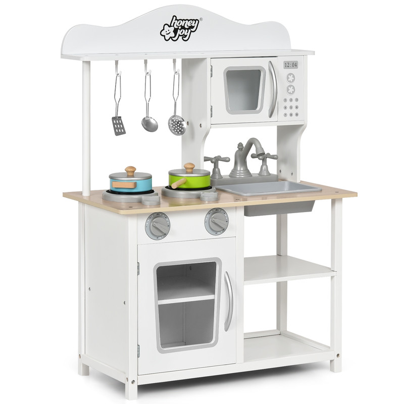 Wooden Pretend Play Kitchen Set for Kids with Accessories and Sink, Realistic Toy Stove, Storage Cabinet & Role Play