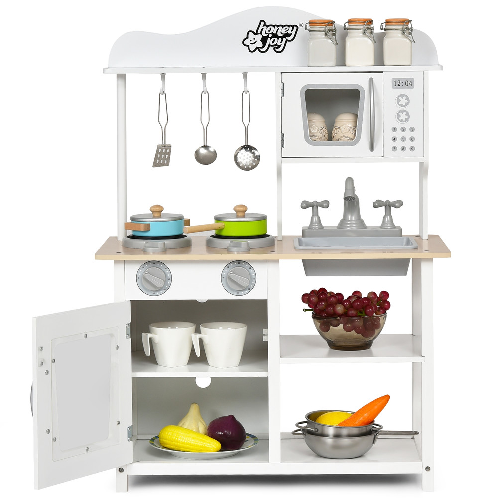 Wooden Pretend Play Kitchen Set for Kids with Accessories and Sink, Realistic Toy Stove, Storage Cabinet & Role Play