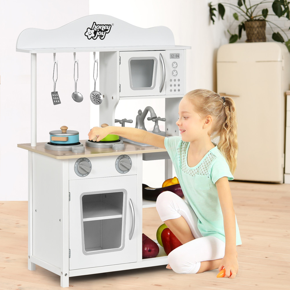 Wooden Pretend Play Kitchen Set for Kids with Accessories and Sink, Realistic Toy Stove, Storage Cabinet & Role Play