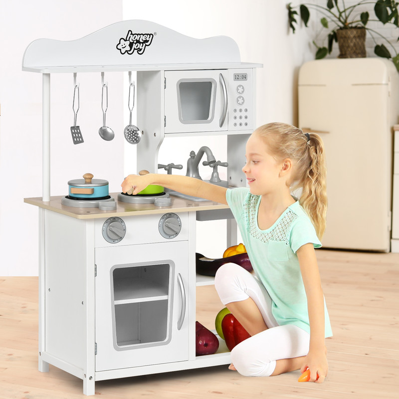 Wooden Pretend Play Kitchen Set for Kids with Accessories and Sink, Realistic Toy Stove, Storage Cabinet & Role Play