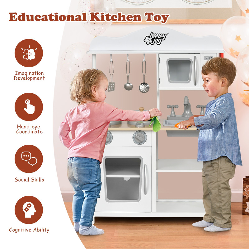 Wooden Pretend Play Kitchen Set for Kids with Accessories and Sink, Realistic Toy Stove, Storage Cabinet & Role Play