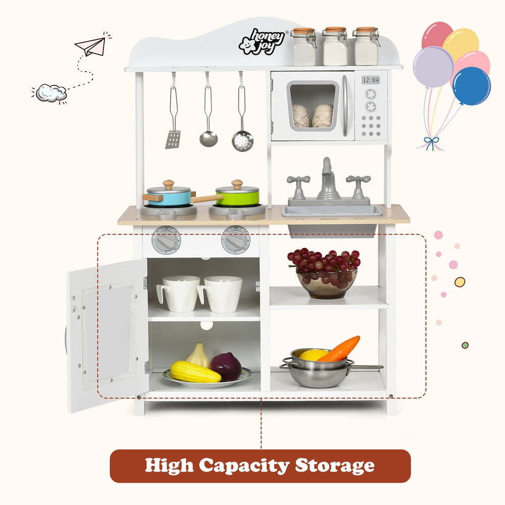 Wooden Pretend Play Kitchen Set for Kids with Accessories and Sink, Realistic Toy Stove, Storage Cabinet & Role Play
