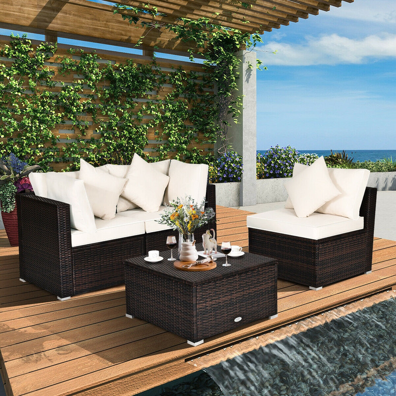 4 Pieces Patio Rattan Furniture Set with Removable Cushions, Pillows & Ottoman, Outdoor Sectional Sofa for Garden