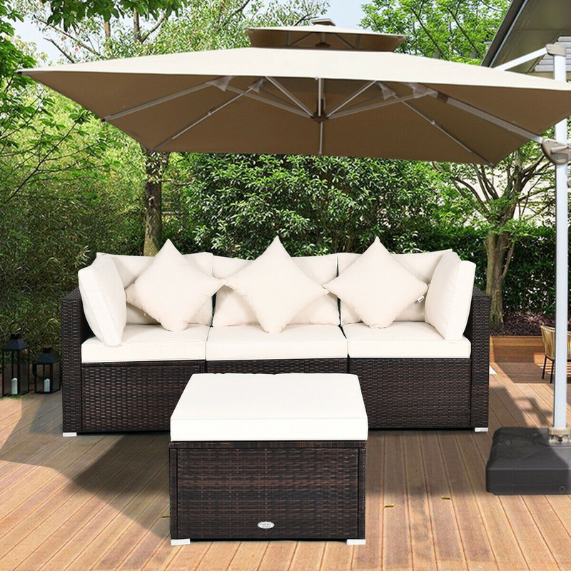 4 Pieces Patio Rattan Furniture Set with Removable Cushions, Pillows & Ottoman, Outdoor Sectional Sofa for Garden