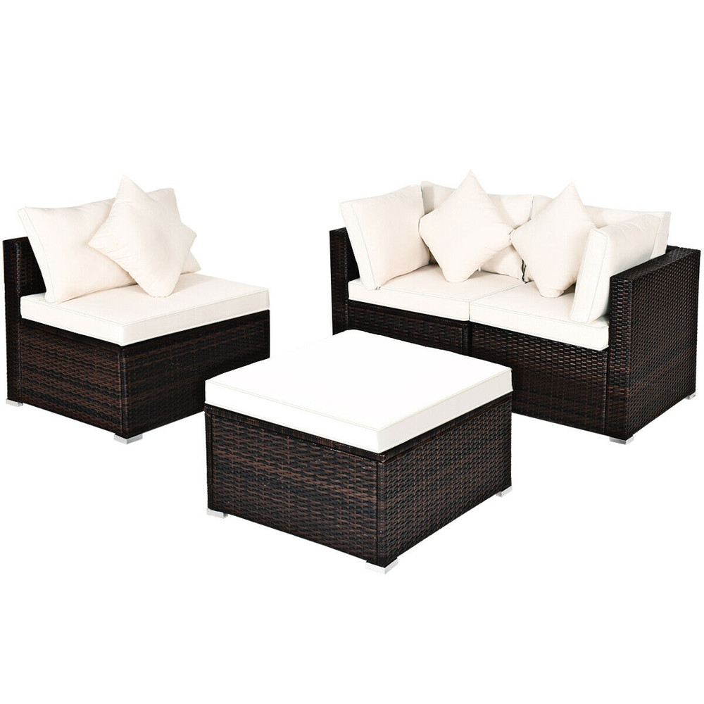 4 Pieces Patio Rattan Furniture Set with Removable Cushions, Pillows & Ottoman, Outdoor Sectional Sofa for Garden