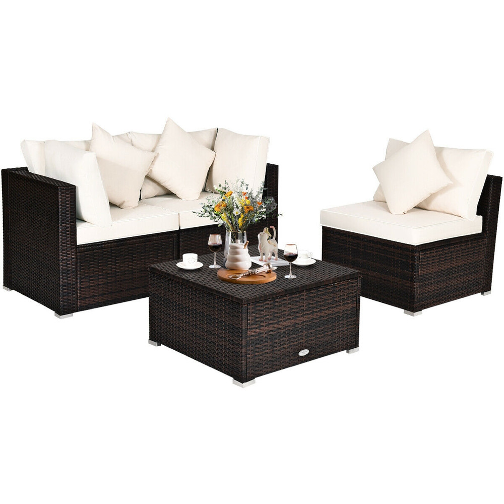 4 Pieces Patio Rattan Furniture Set with Removable Cushions, Pillows & Ottoman, Outdoor Sectional Sofa for Garden