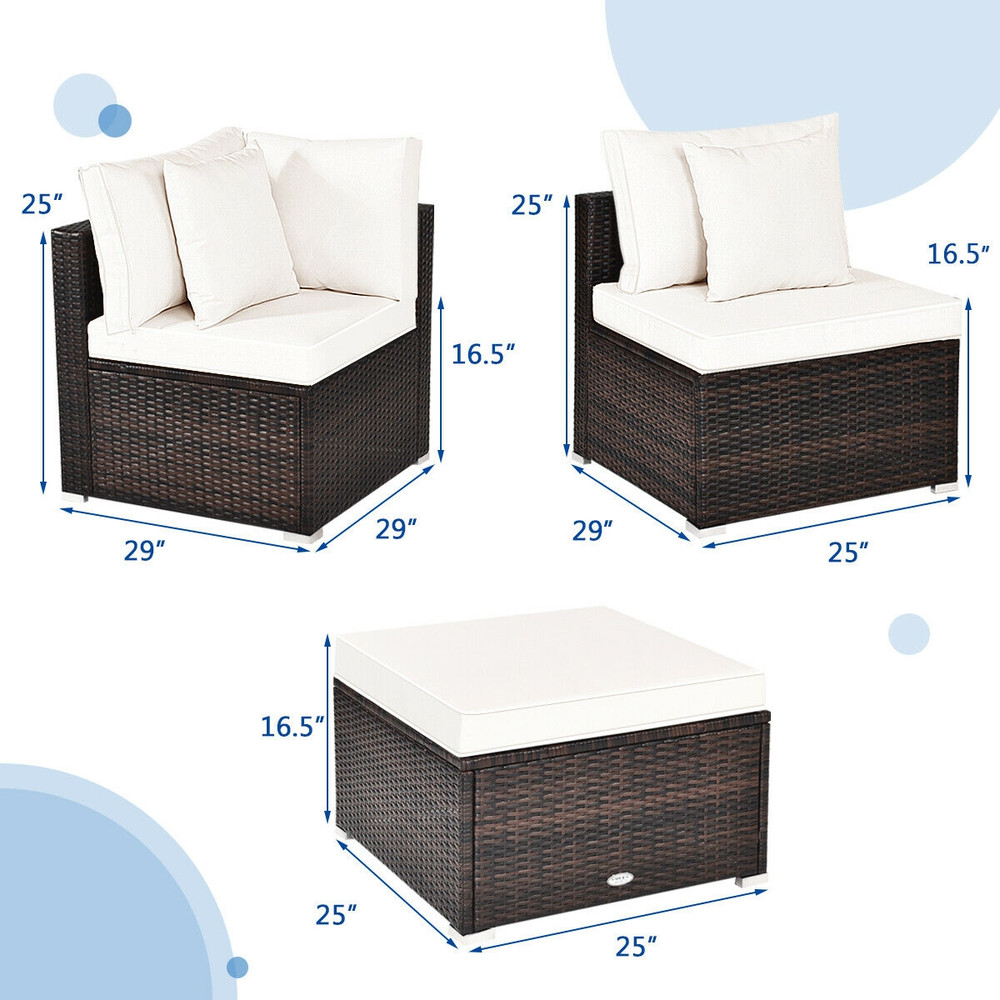4 Pieces Patio Rattan Furniture Set with Removable Cushions, Pillows & Ottoman, Outdoor Sectional Sofa for Garden