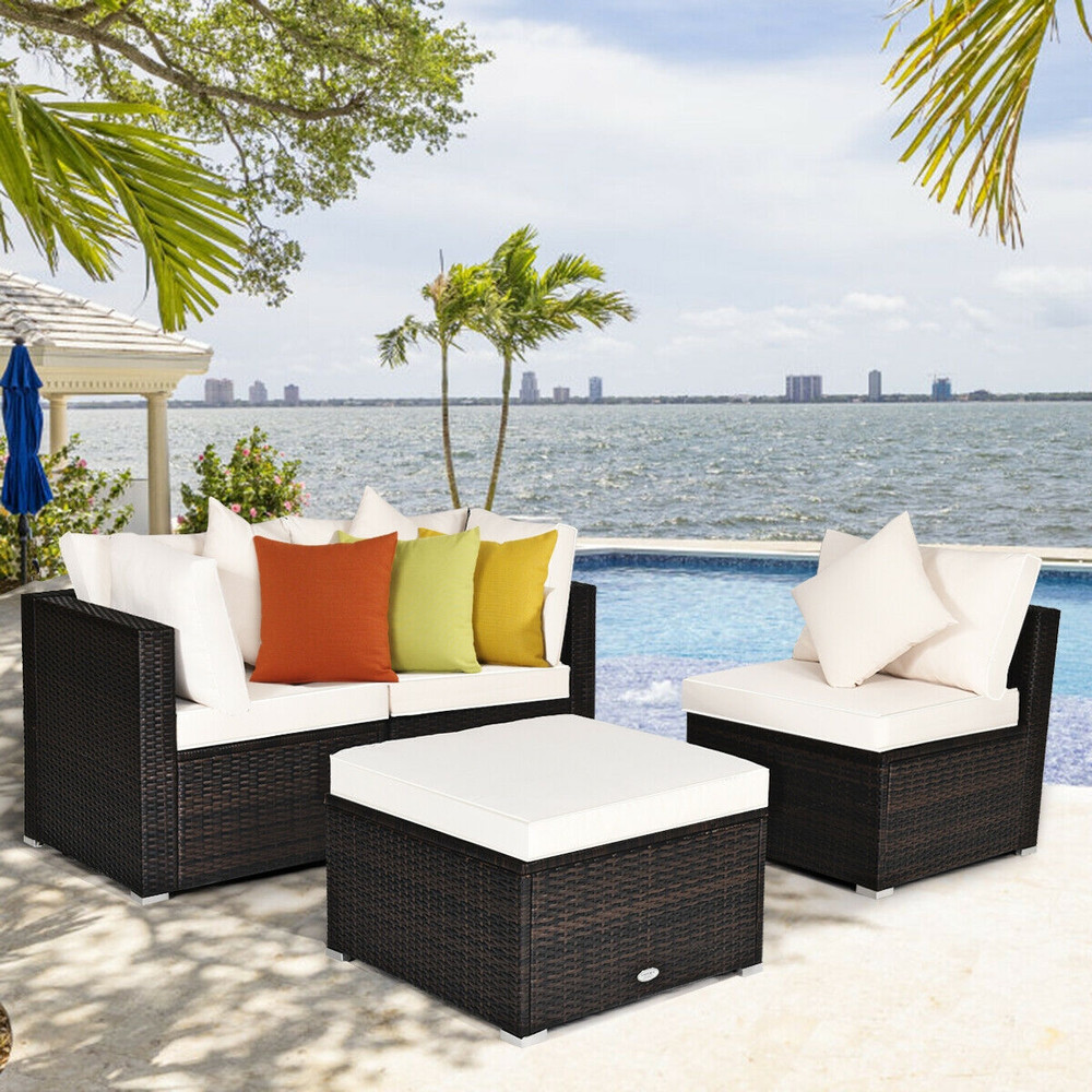 4 Pieces Patio Rattan Furniture Set with Removable Cushions, Pillows & Ottoman, Outdoor Sectional Sofa for Garden