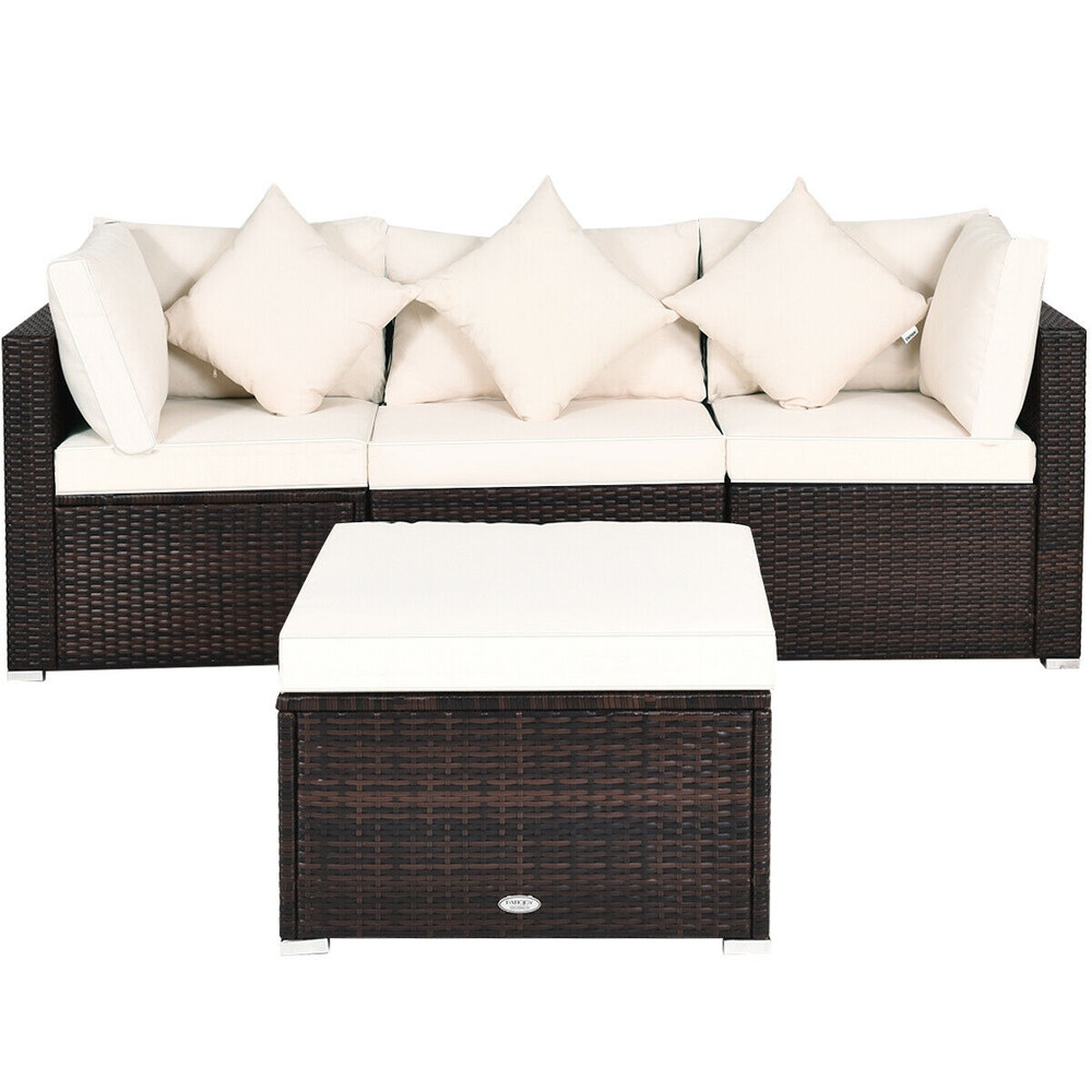 4 Pieces Patio Rattan Furniture Set with Removable Cushions, Pillows & Ottoman, Outdoor Sectional Sofa for Garden