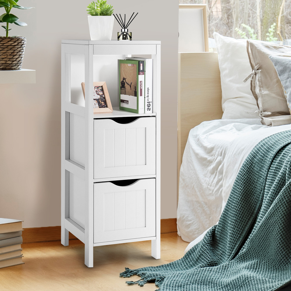 Freestanding Storage Cabinet with 2 Removable Drawers for Bathroom, Slim Floor Organizer with Open Shelf & Anti-Tip Safe
