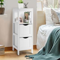 freestanding storage cabinet with 2 removable drawers for bathroom, slim floor organizer with open shelf & anti-tip safe