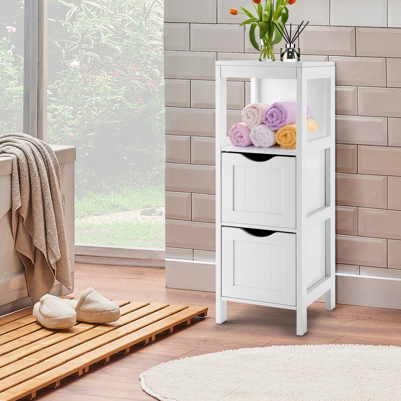 Freestanding Storage Cabinet with 2 Removable Drawers for Bathroom, Slim Floor Organizer with Open Shelf & Anti-Tip Safe