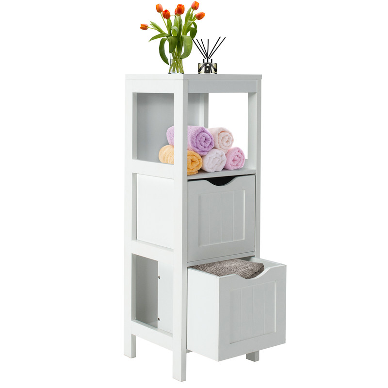 Freestanding Storage Cabinet with 2 Removable Drawers for Bathroom, Slim Floor Organizer with Open Shelf & Anti-Tip Safe