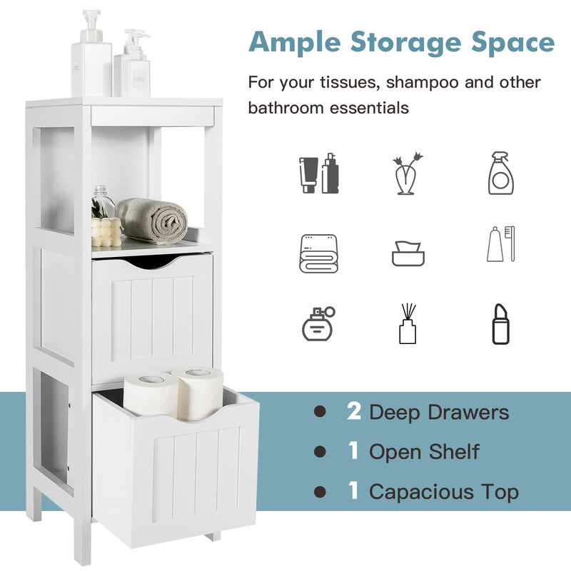 Freestanding Storage Cabinet with 2 Removable Drawers for Bathroom, Slim Floor Organizer with Open Shelf & Anti-Tip Safe
