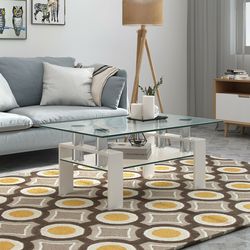 2-tier rectangle glass coffee table with storage shelf for living room, modern tempered glass accent table with open di
