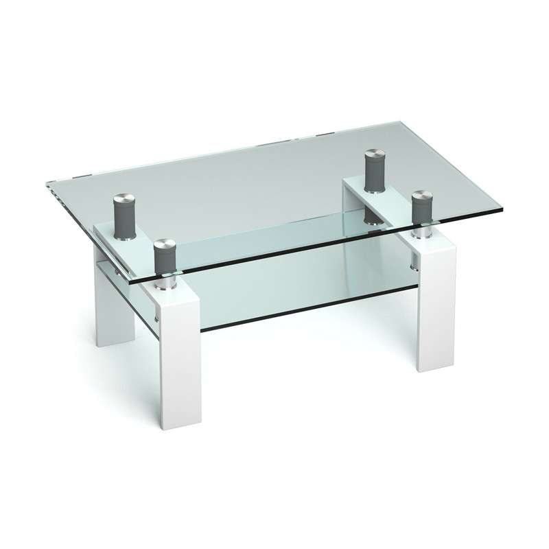 2-Tier Rectangle Glass Coffee Table with Storage Shelf for Living Room, Modern Tempered Glass Accent Table with Open Di