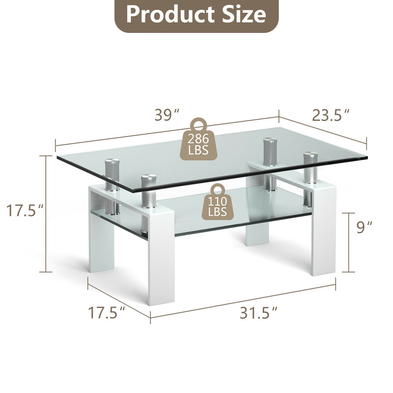 2-Tier Rectangle Glass Coffee Table with Storage Shelf for Living Room, Modern Tempered Glass Accent Table with Open Di