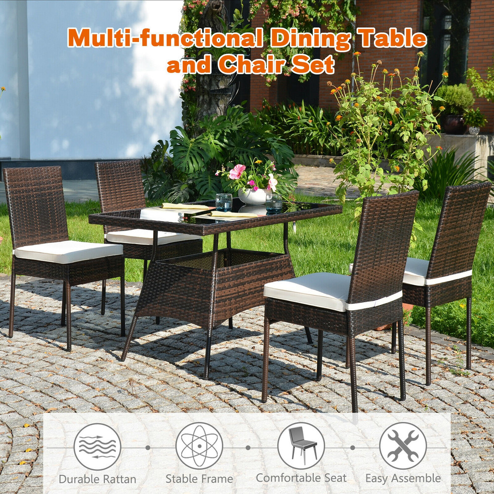 5 Pieces Rattan Dining Set with Glass Table and High Back Chair for Patio, Garden, Balcony & Outdoor Dining