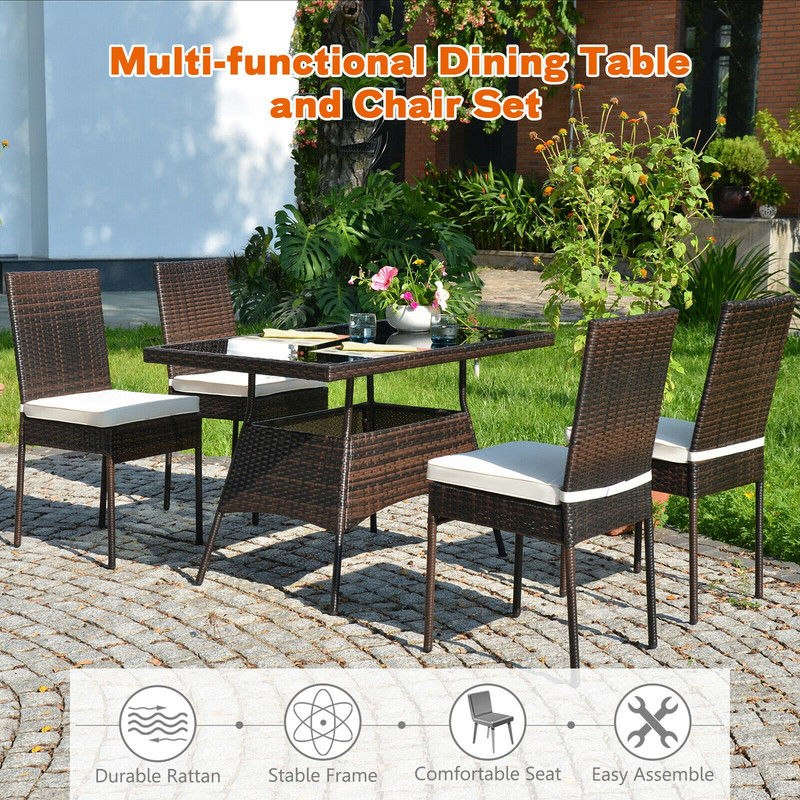 5 Pieces Rattan Dining Set with Glass Table and High Back Chair for Patio, Garden, Balcony & Outdoor Dining