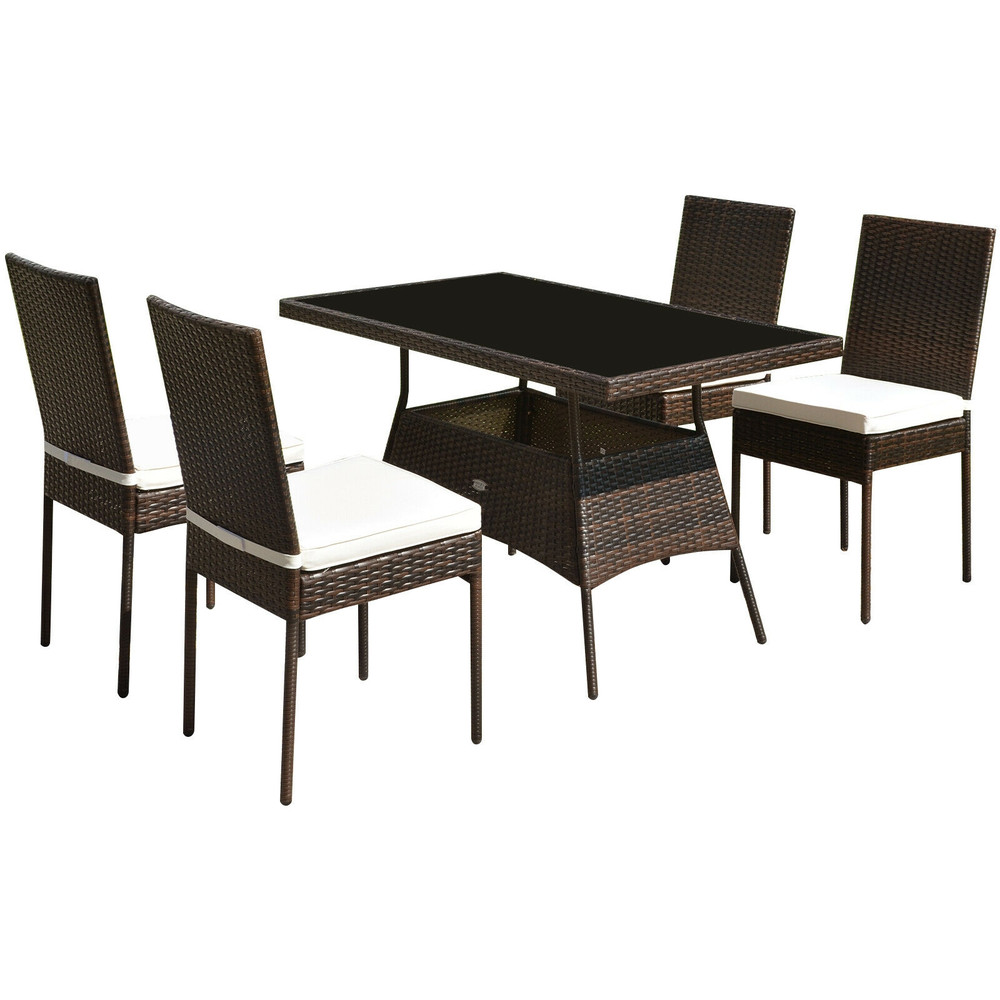 5 Pieces Rattan Dining Set with Glass Table and High Back Chair for Patio, Garden, Balcony & Outdoor Dining