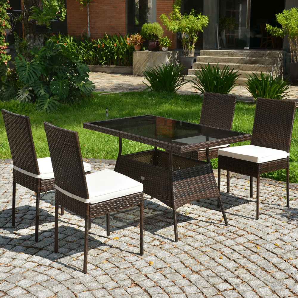 5 Pieces Rattan Dining Set with Glass Table and High Back Chair for Patio, Garden, Balcony & Outdoor Dining
