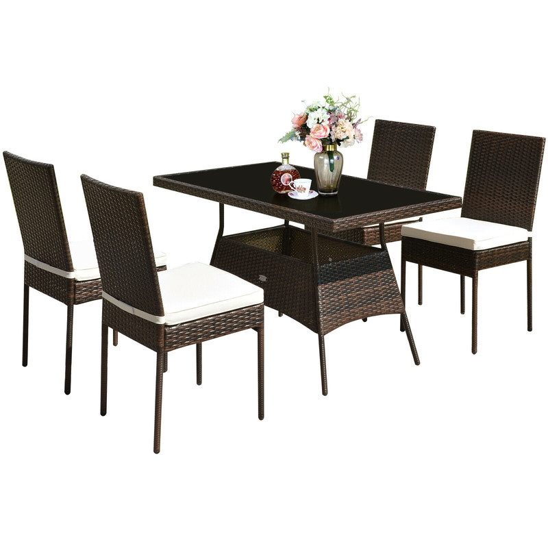 5 Pieces Rattan Dining Set with Glass Table and High Back Chair for Patio, Garden, Balcony & Outdoor Dining