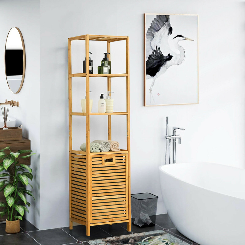 Bamboo Tower Hamper Organizer with 3-Tier Storage Shelves, Tilt-Out Laundry Sorter & Removable Liner for Bathroom