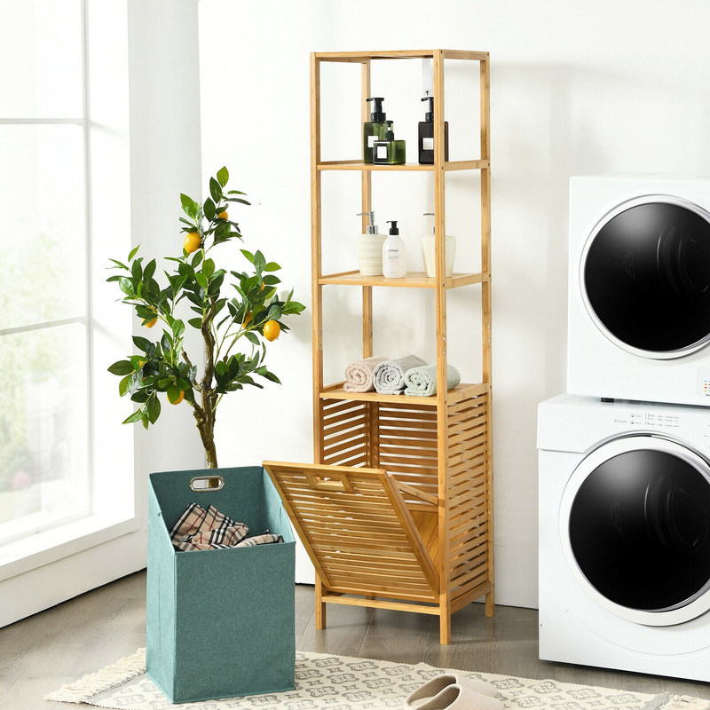 Bamboo Tower Hamper Organizer with 3-Tier Storage Shelves, Tilt-Out Laundry Sorter & Removable Liner for Bathroom