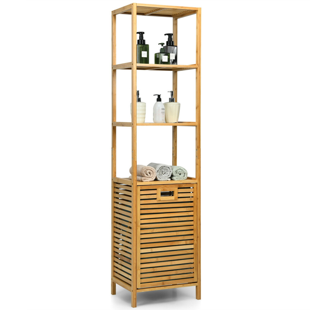 Bamboo Tower Hamper Organizer with 3-Tier Storage Shelves, Tilt-Out Laundry Sorter & Removable Liner for Bathroom